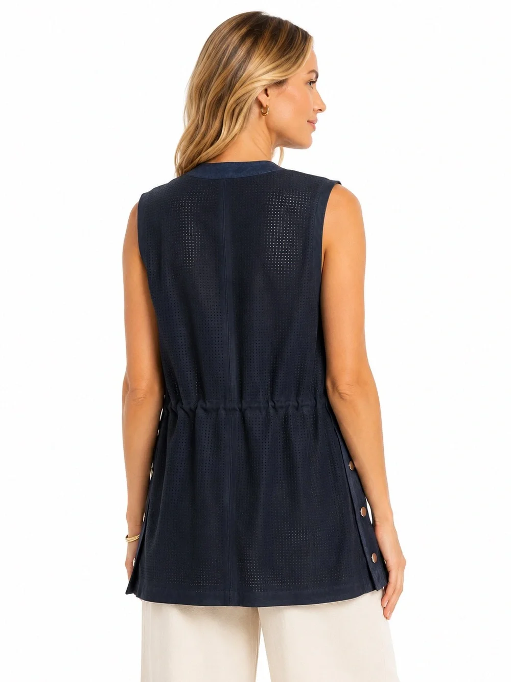 Lafayette 148 NY Perforated Suede Zip Utility Vest XL Navy Drawstring Jacket